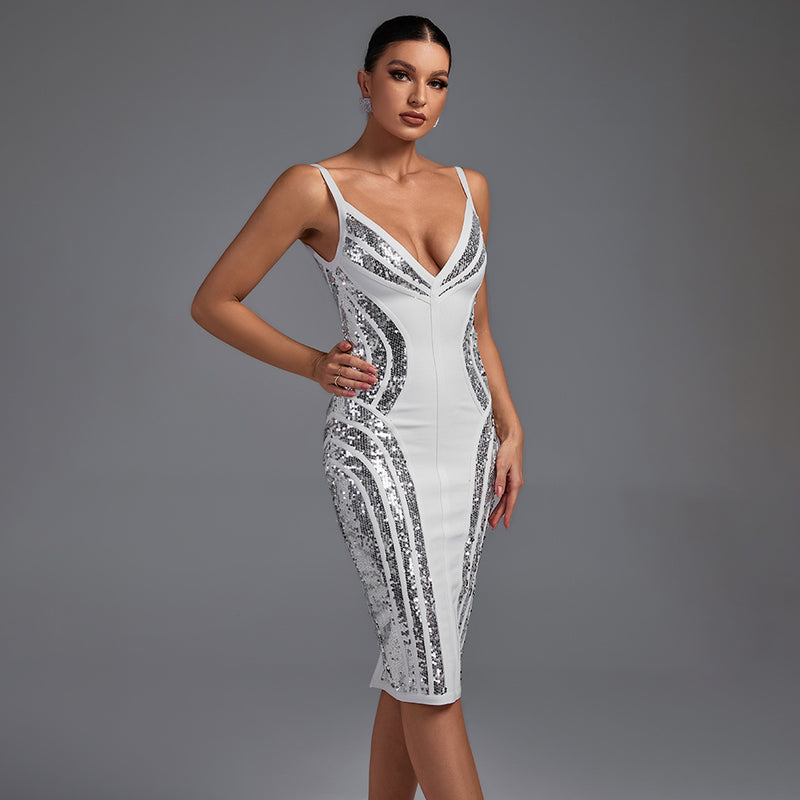 Strappy Striped Sequins Bandage Dress PP19341