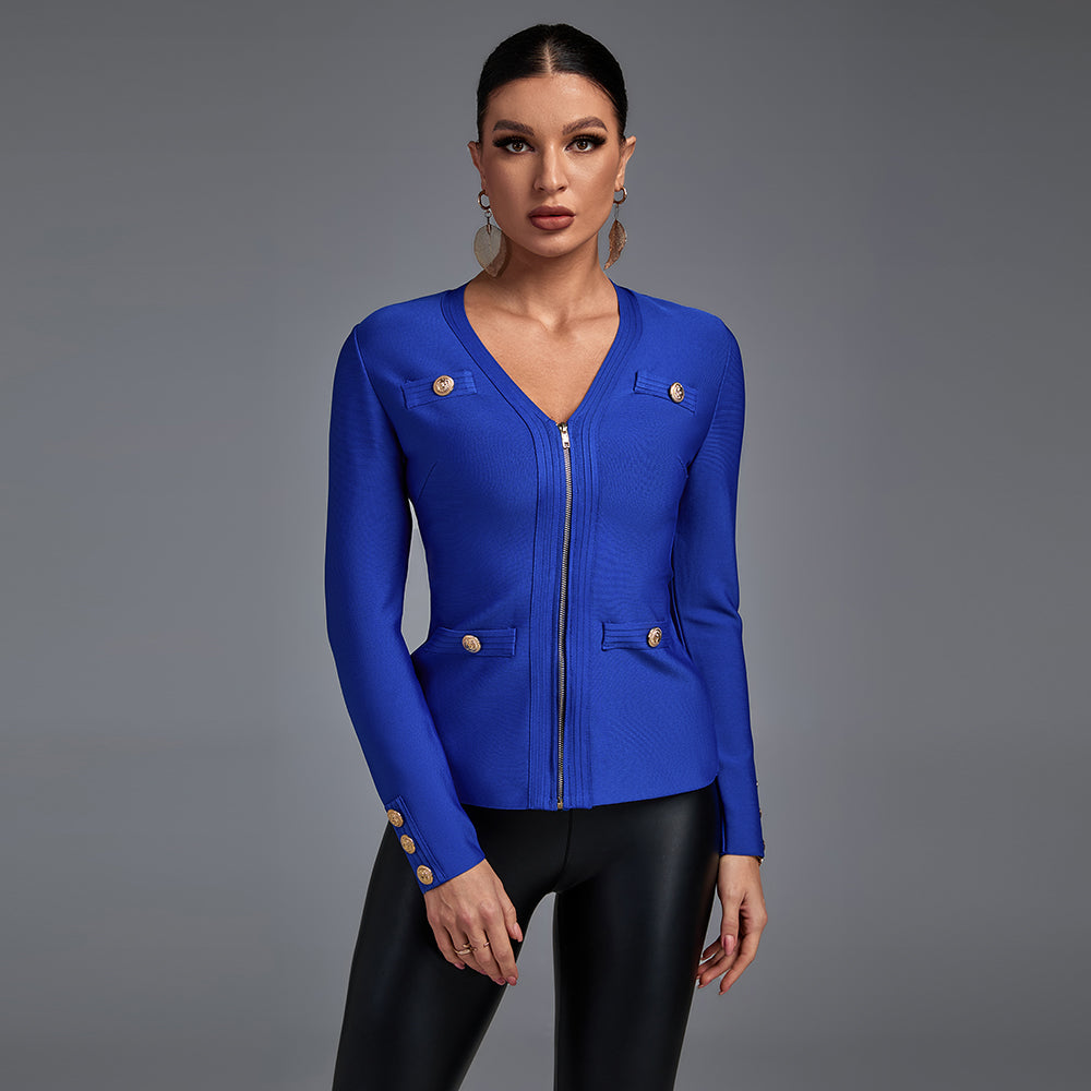 Blue V Neck Long Sleeve Zipper Bandage Coat PP21801