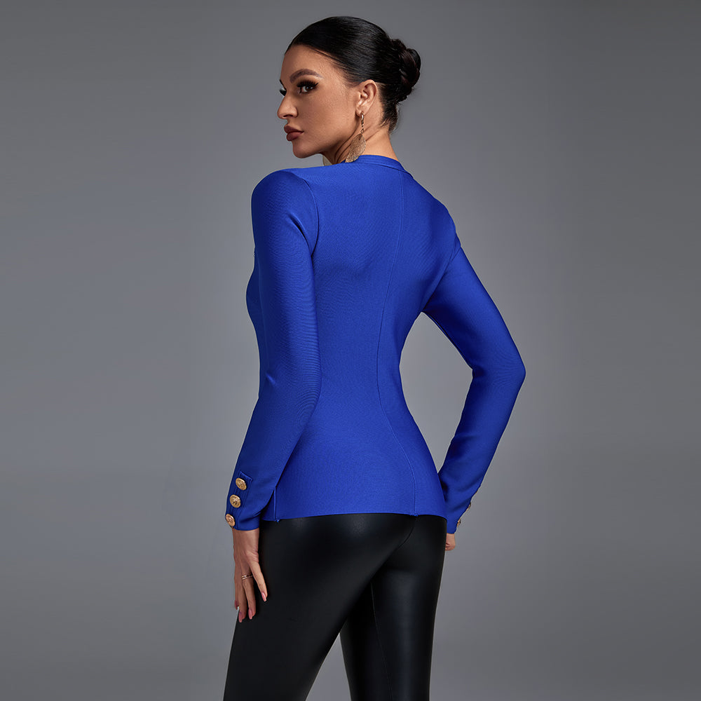 Blue V Neck Long Sleeve Zipper Bandage Coat PP21801