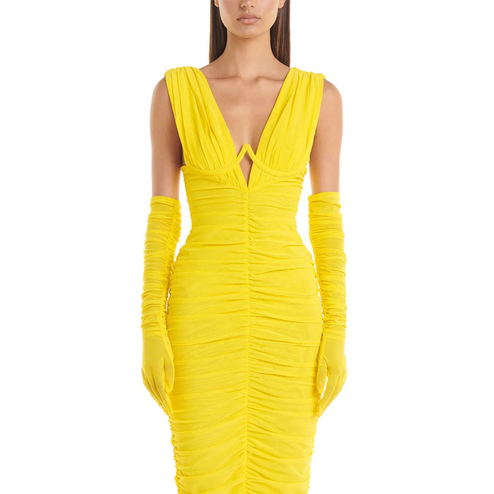 V Neck Long Sleeve Wrinkled Maxi Dress ZNSBA973