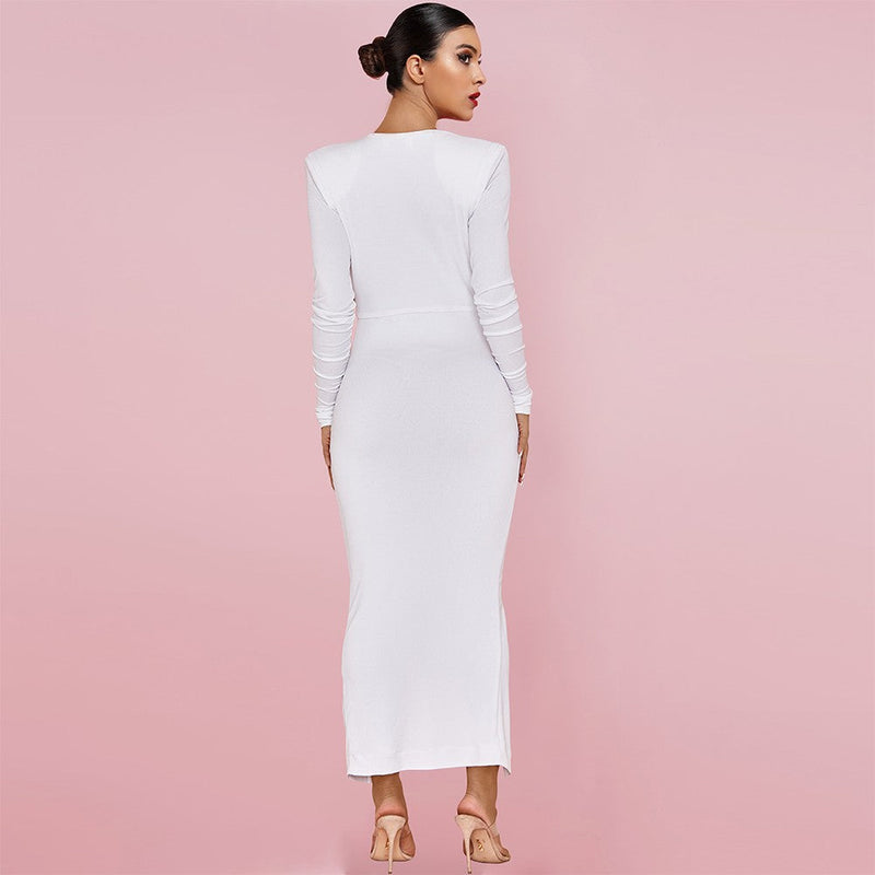 V Neck Long Sleeve Ruched Maxi Bodycon Dress HI1146 2 in wolddress
