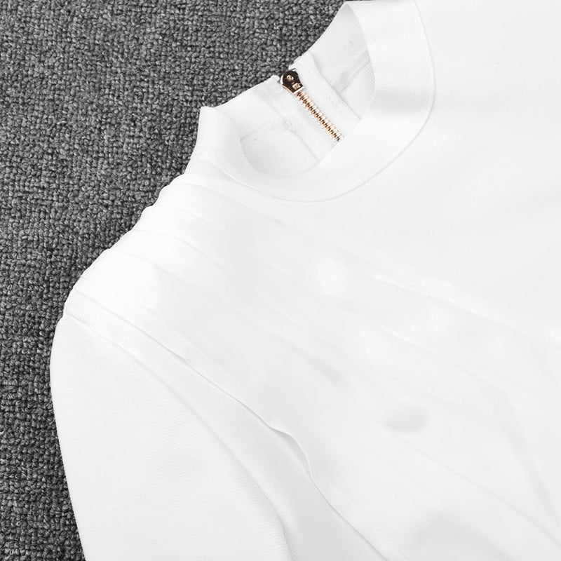 White Round Neck Long Sleeve Frill Midi Bandage Dress PP20007