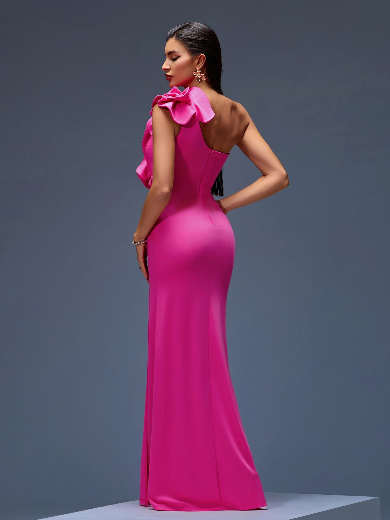 One Shoulder Ruffled Crepe Maxi Gown