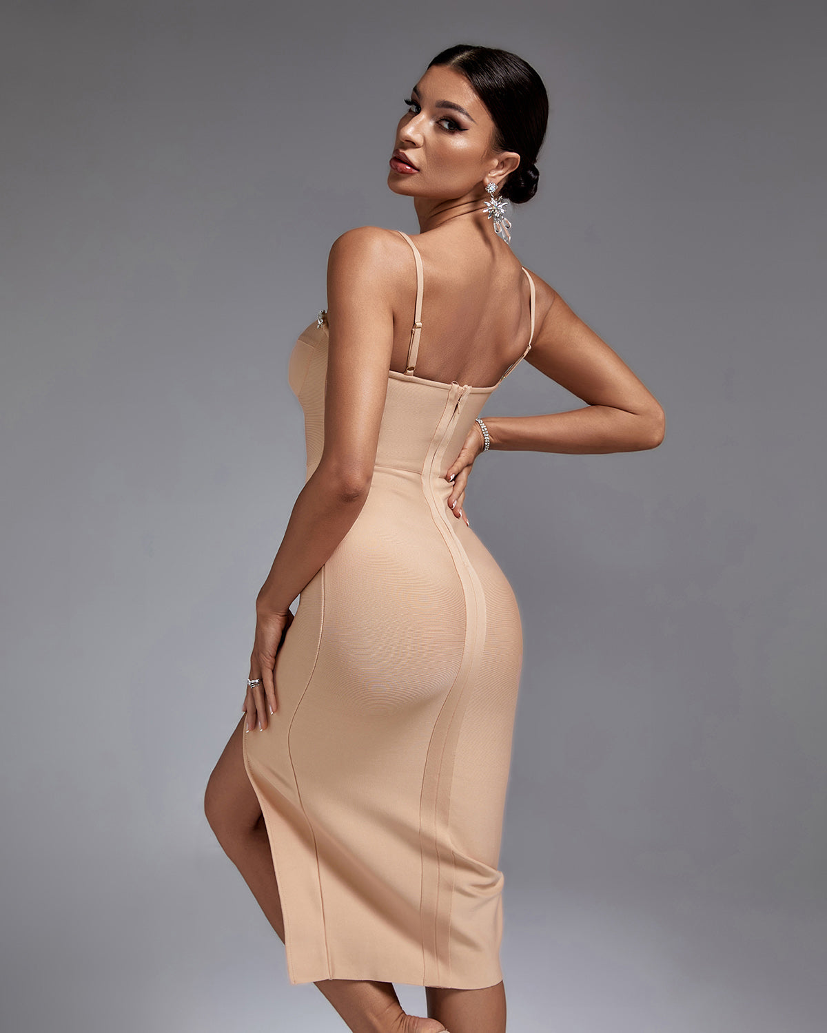 Strappy Drill Chain Midi Bandage Dress