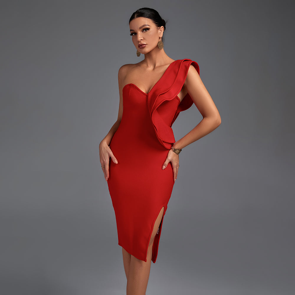 One Shoulder Sleeveless Frill Over Knee Bandage Dress