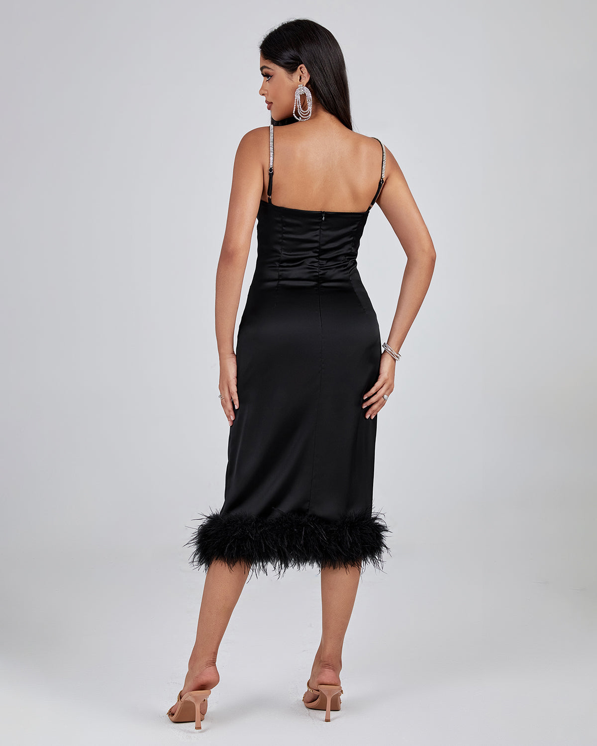 Strappy Backless Feather Trim Midi Dress