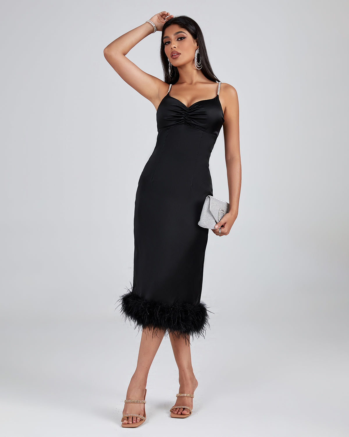 Strappy Backless Feather Trim Midi Dress