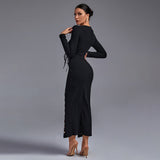 Round Neck Long Sleeve Lace Up Over Knee Bodycon Dress