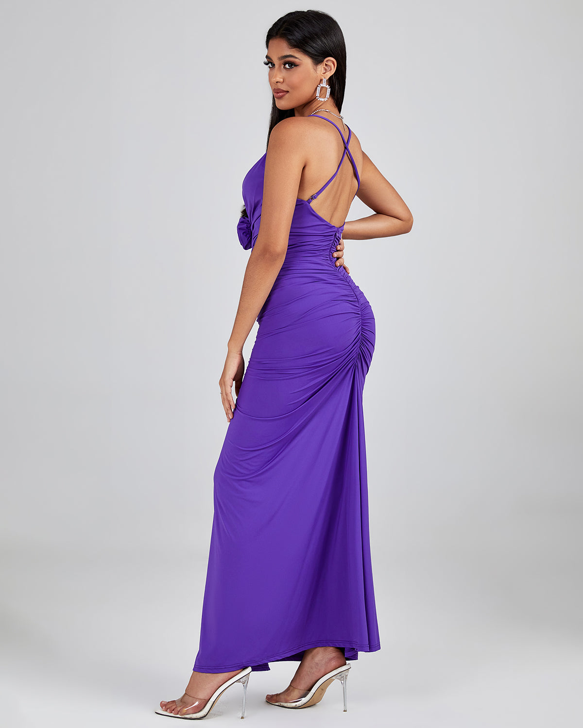 V Neck Pleated Backless Bodycon Dress