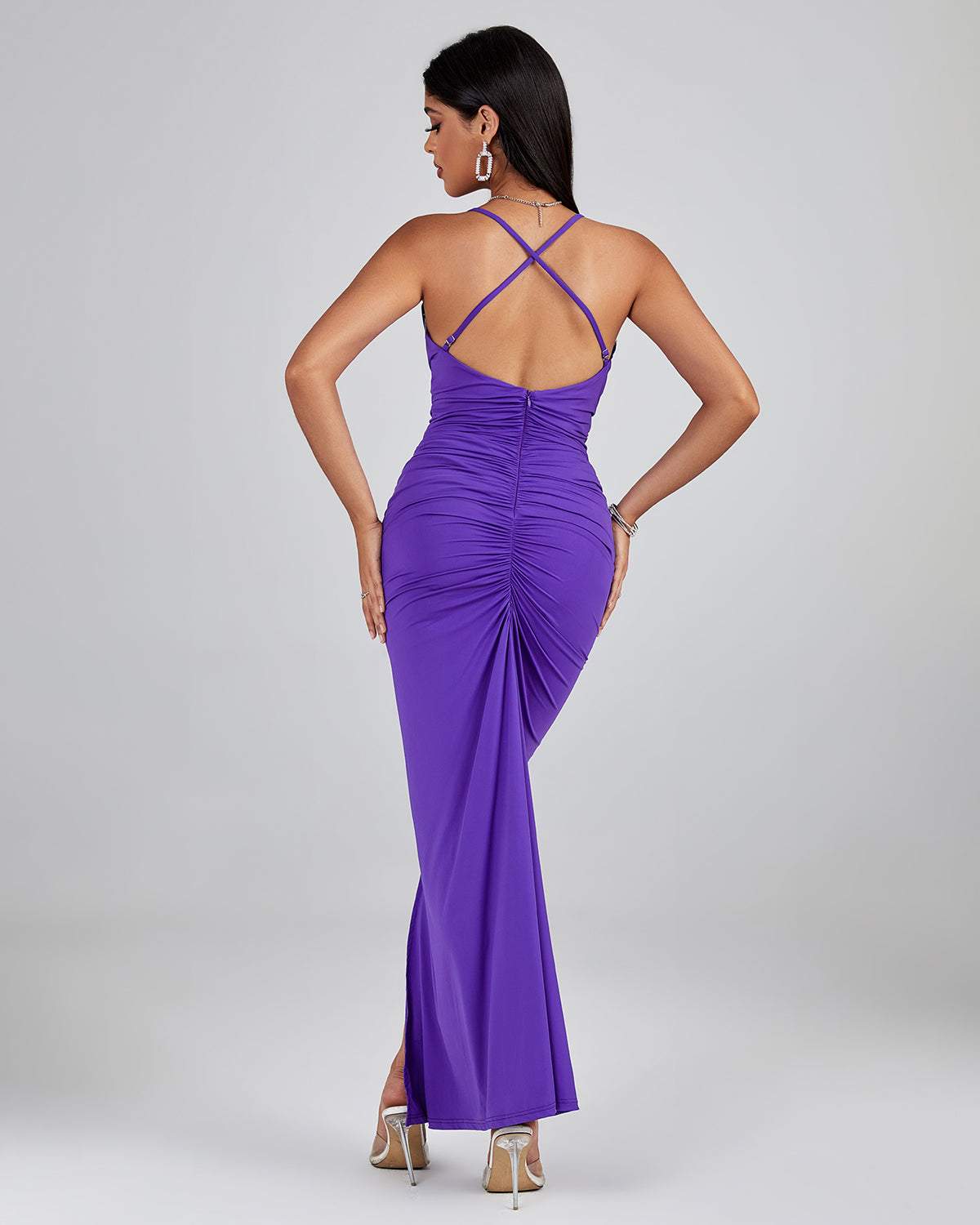 V Neck Pleated Backless Bodycon Dress