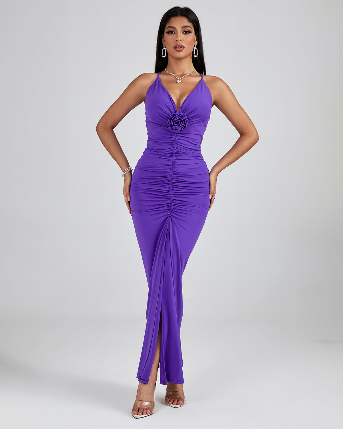 V Neck Pleated Backless Bodycon Dress