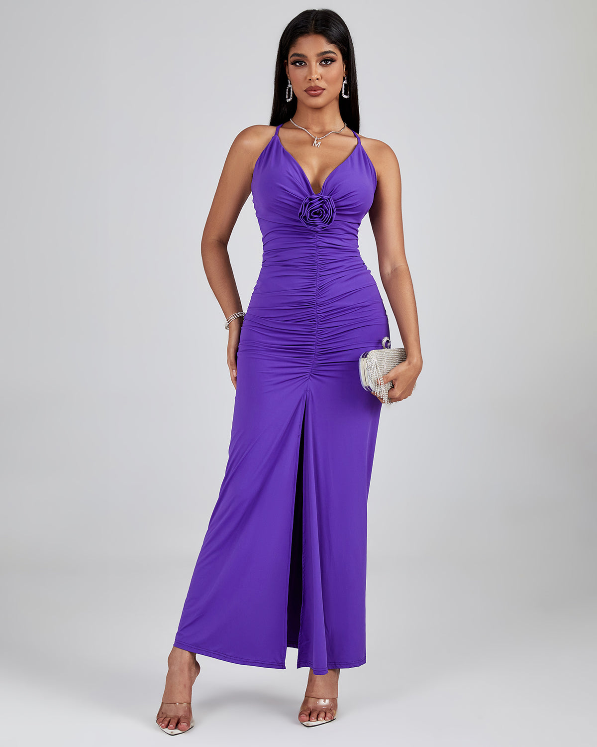 V Neck Pleated Backless Bodycon Dress
