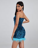 Blue Sequin Feather Trim Tube Dress