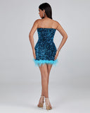 Blue Sequin Feather Trim Tube Dress