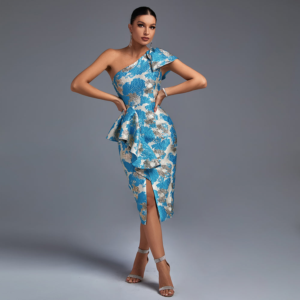 Slanted Shoulder Slit Midi Bodycon Dress
