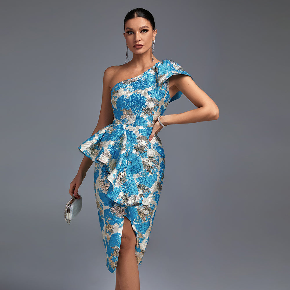 Slanted Shoulder Slit Midi Bodycon Dress