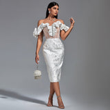 Off Shoulder Pleated Midi Elegant Bodycon Dress