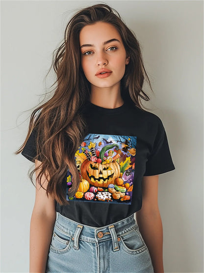 Earkoha Graphic T Shirts for Women Summer Casual Halloween Printed Tee Cotton Tops Loose Fit
