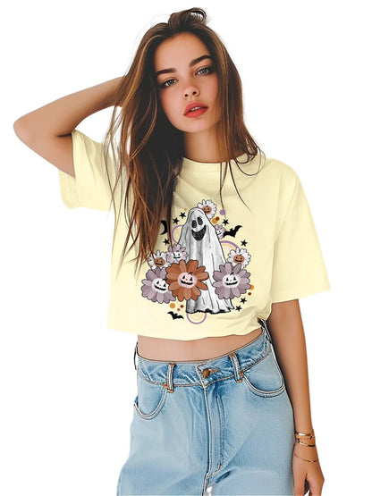 Earkoha Graphic T Shirts for Women Summer Casual Halloween Printed Tee Cotton Tops Loose Fit