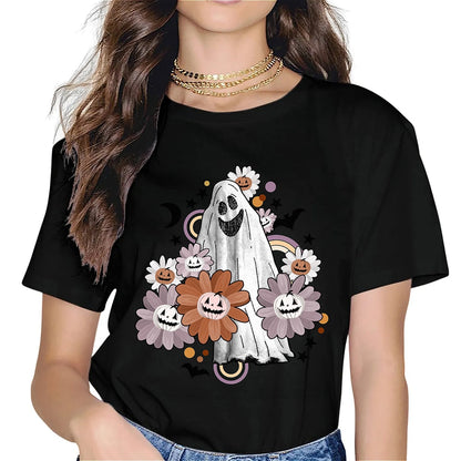 Earkoha Graphic T Shirts for Women Summer Casual Halloween Printed Tee Cotton Tops Loose Fit