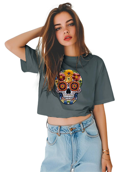 Earkoha Graphic T Shirts for Women Summer Casual Halloween Printed Tee Cotton Tops Loose Fit