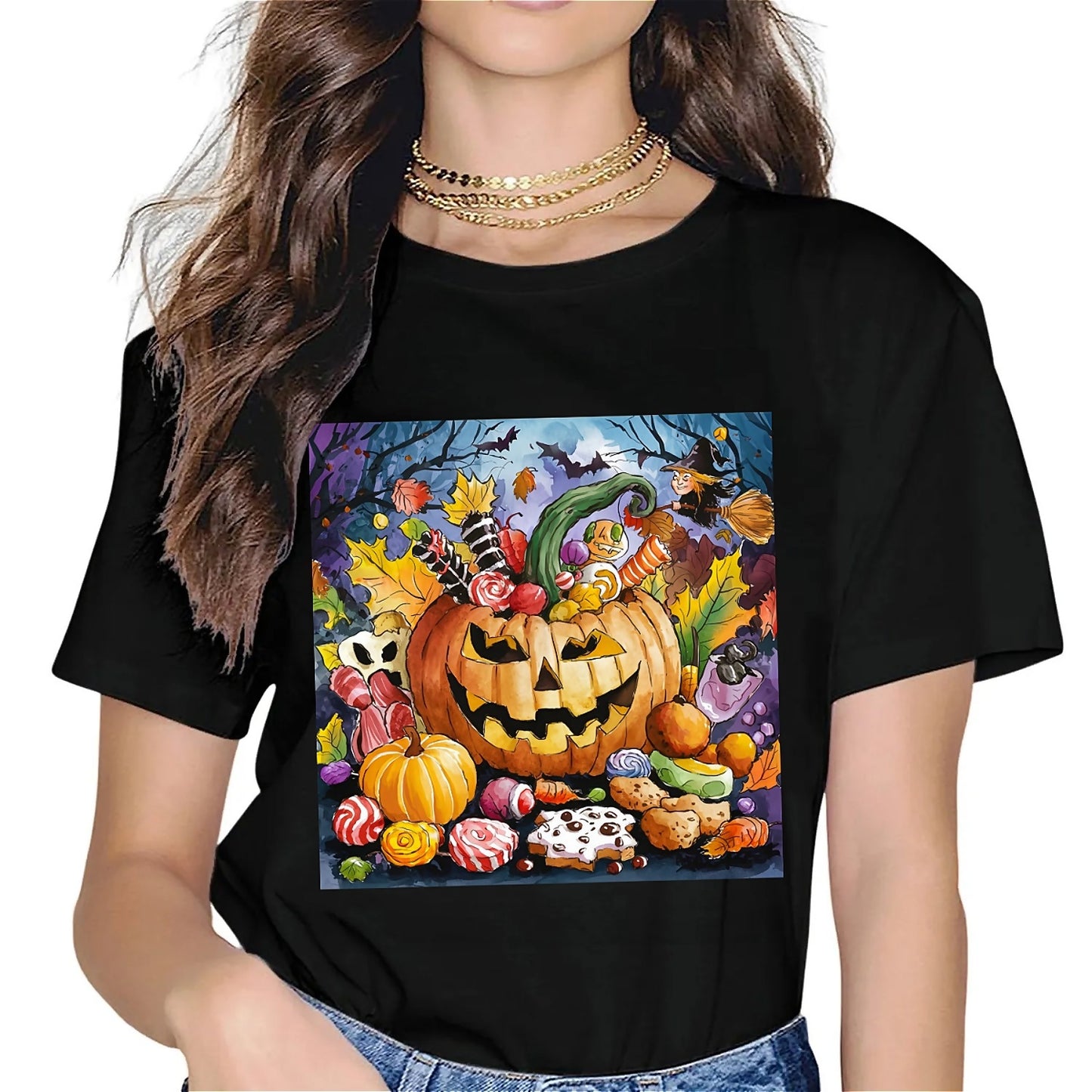 Earkoha Graphic T Shirts for Women Summer Casual Halloween Printed Tee Cotton Tops Loose Fit