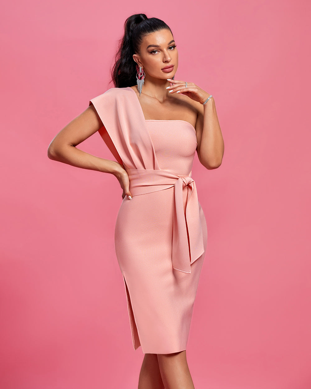 One Shoulder Belted Bandage Party Dress