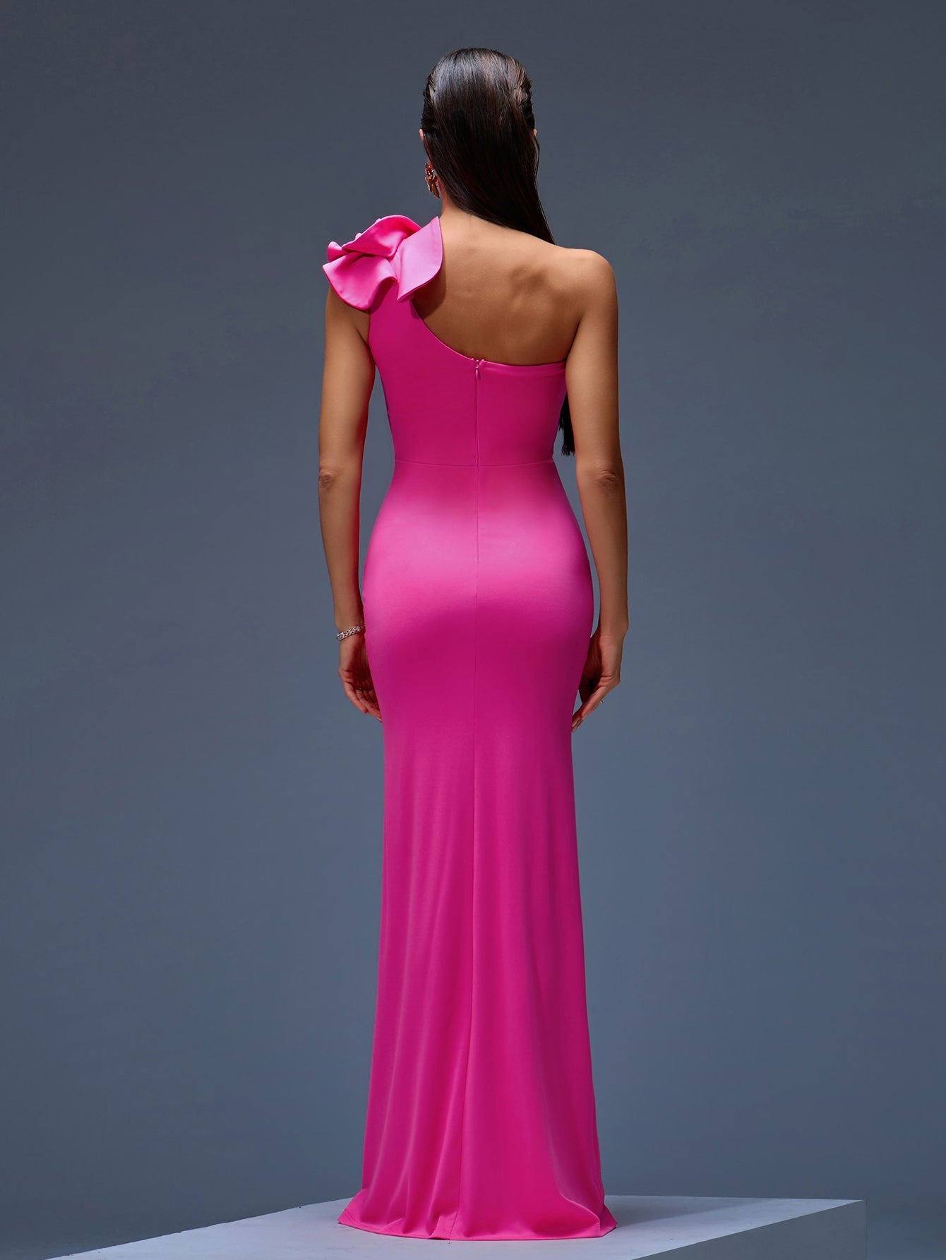 One Shoulder Ruffled Crepe Maxi Gown
