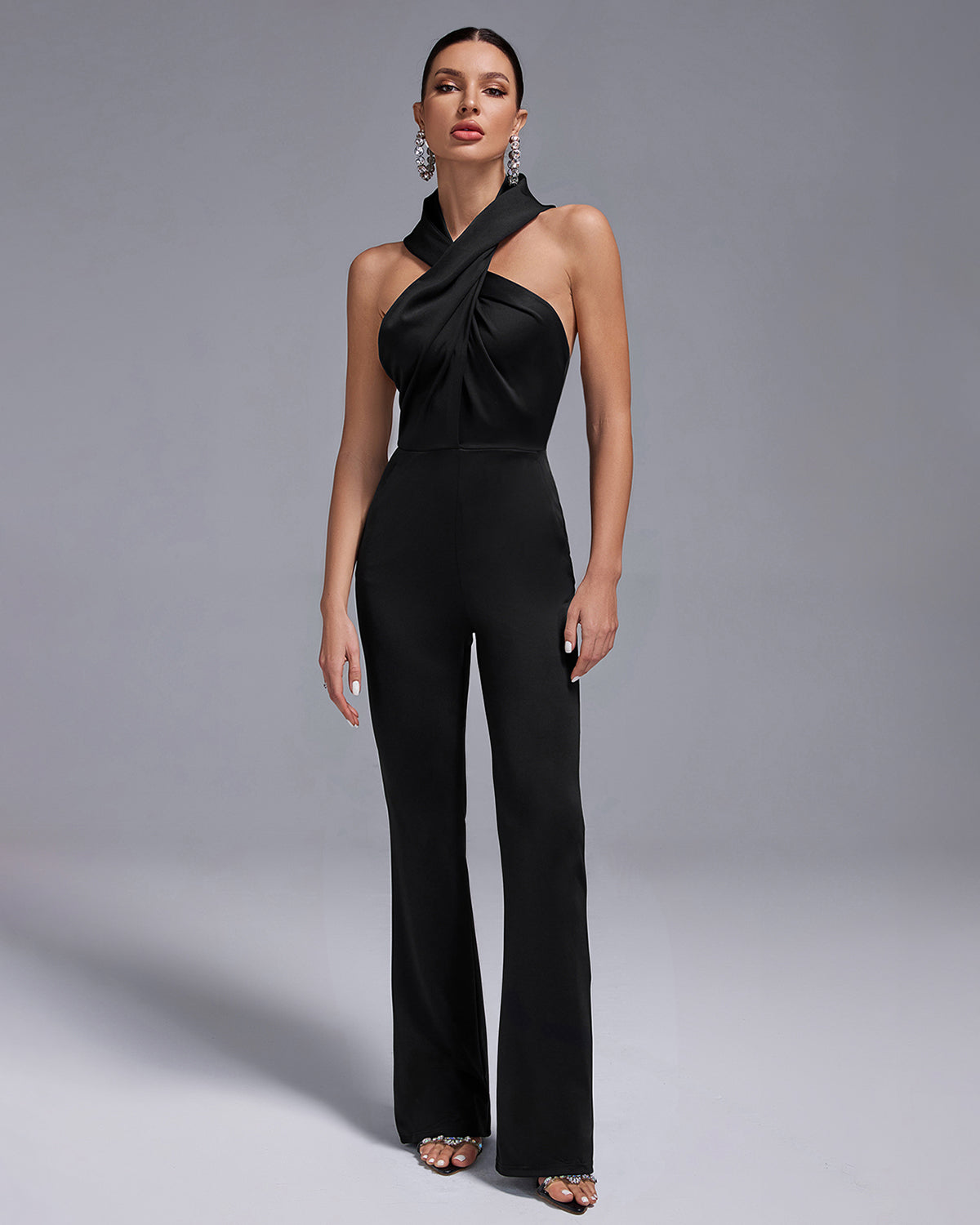 Crossed Collar High-Waist Backless Hooded Jumpsuit