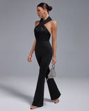Crossed Collar High-Waist Backless Hooded Jumpsuit