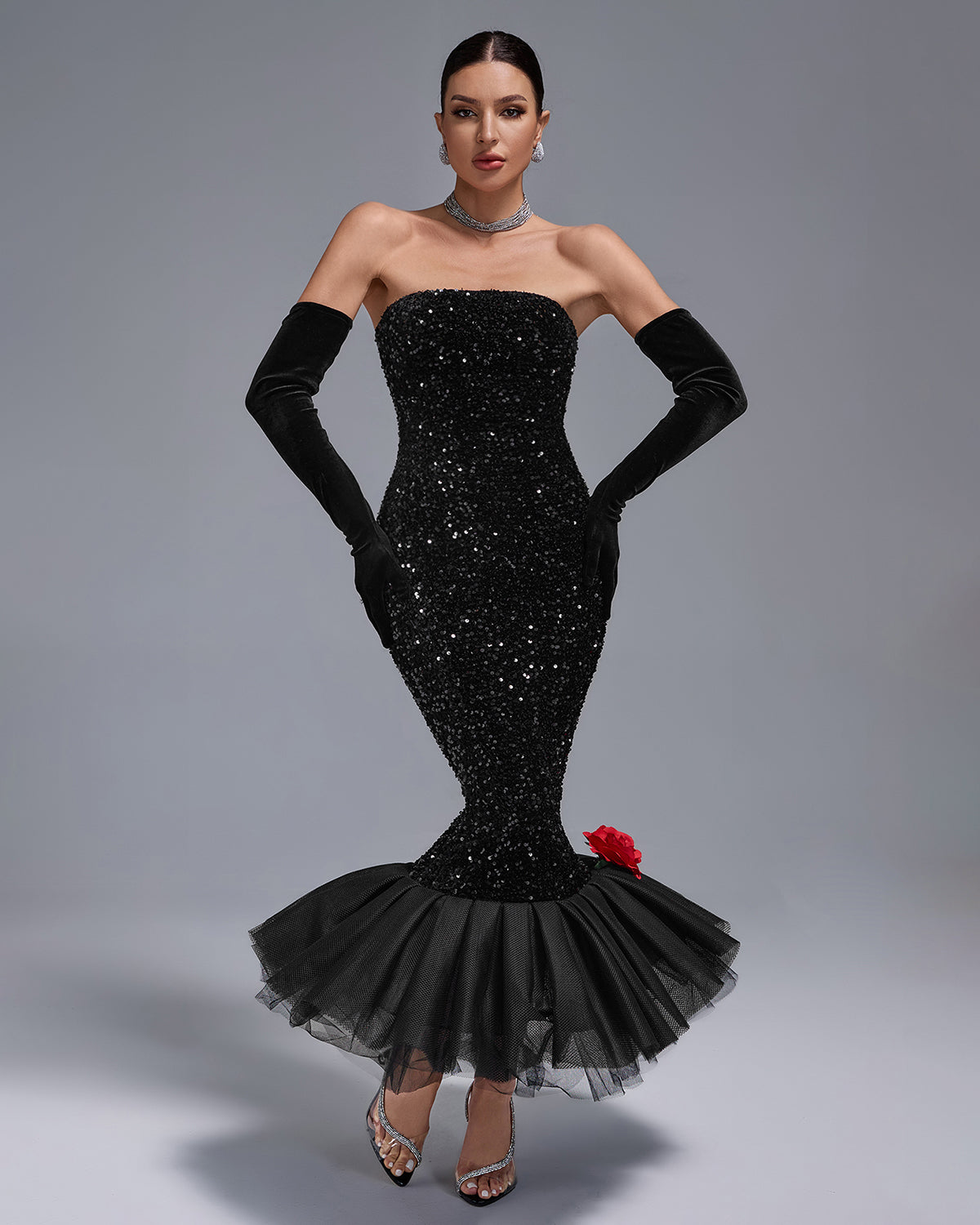 Strapless Sequins Barbie Wiggle Dress With Gloves