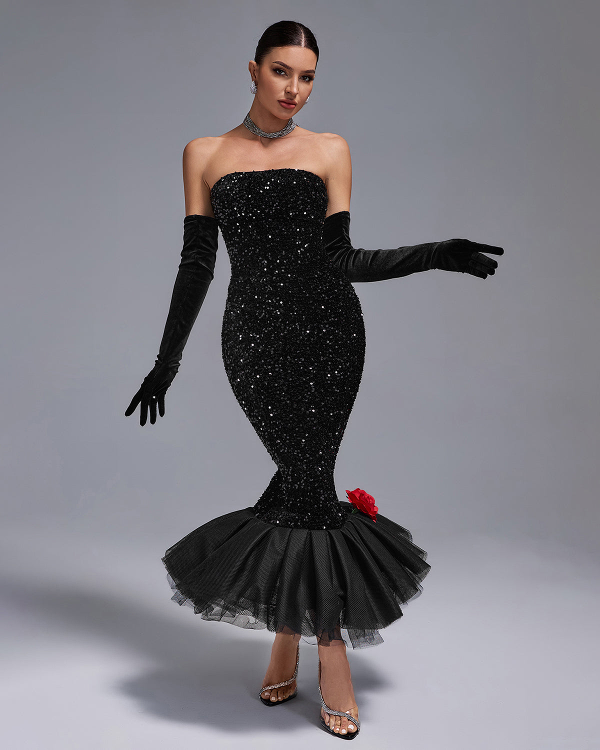 Strapless Sequins Barbie Wiggle Dress With Gloves