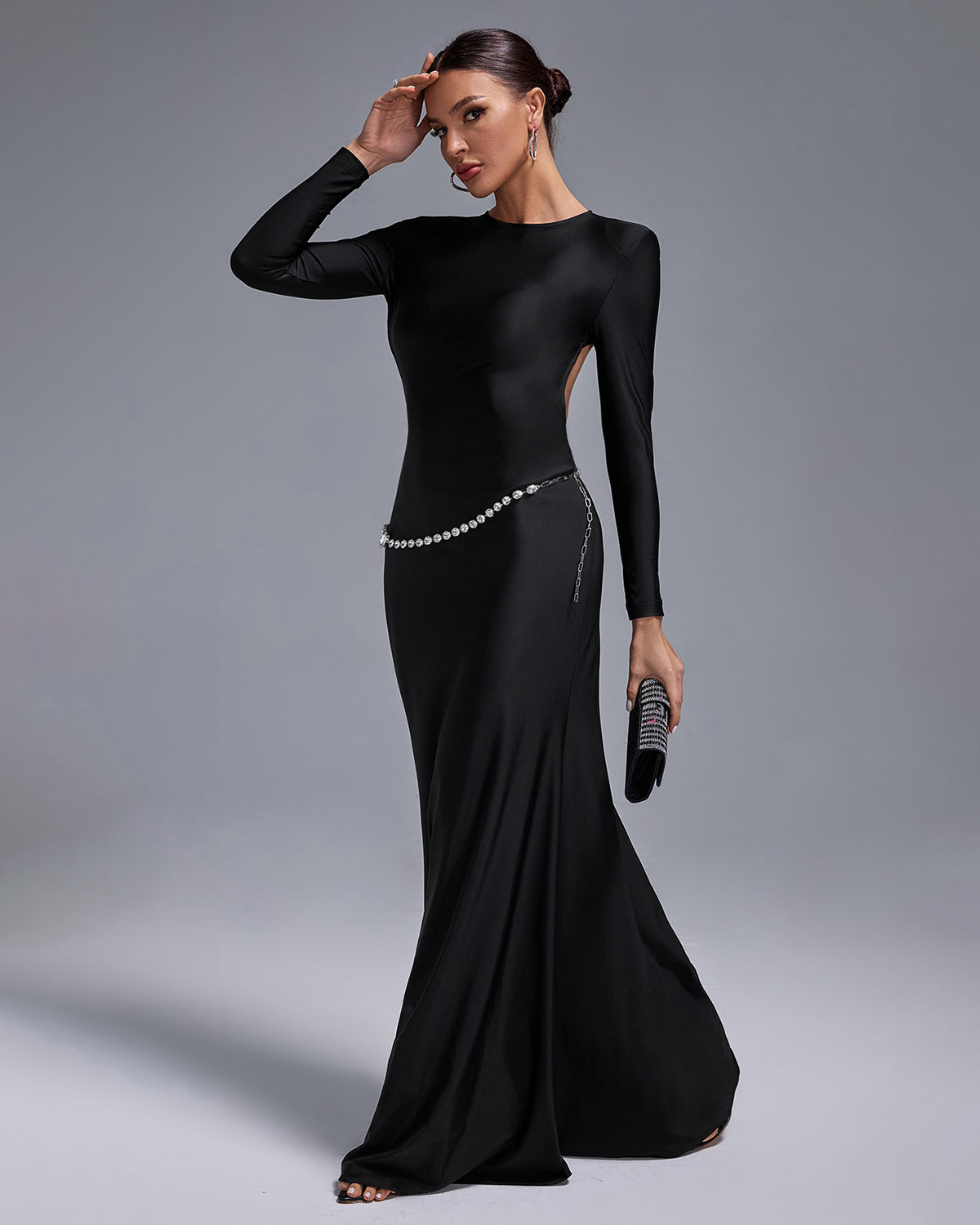 Crystal Belt Backless Maxi Dress