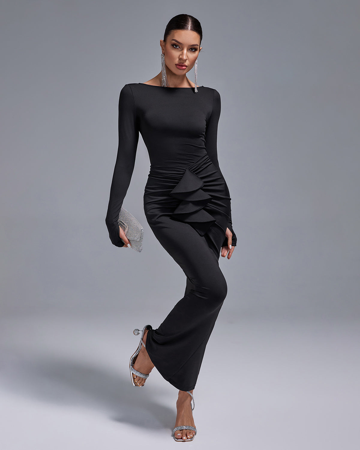 Ruched Skirt Round Neck Open Back Bodycon Set