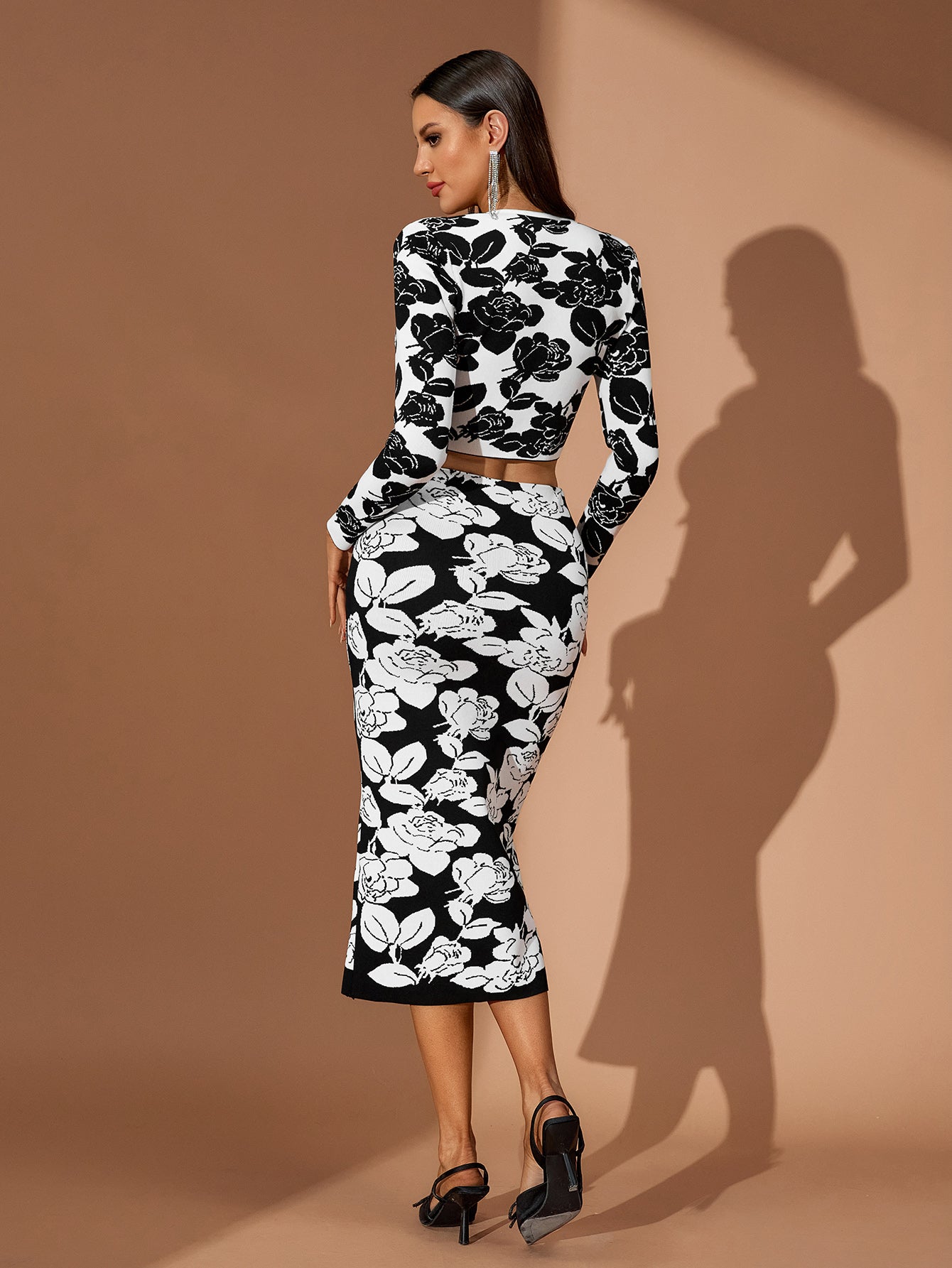 Floral Jacquard Midi Pencil Skirt Set