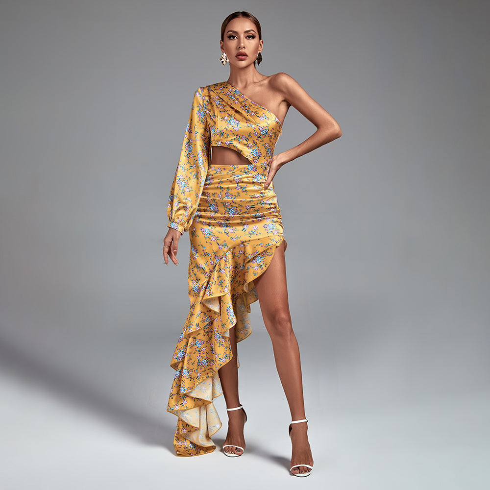 One Shoulder Cut Out Maxi Flowers Dress
