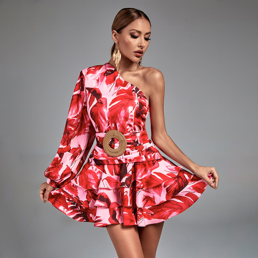 One Shoulder Mini Frill Bodycon Dress