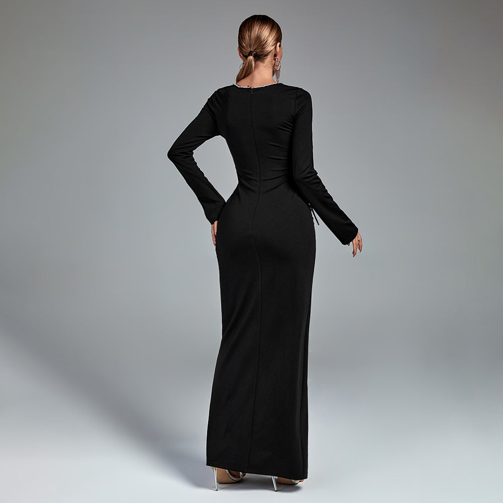 Square Collar Long Sleeve Maxi Tie Bodycon Dress