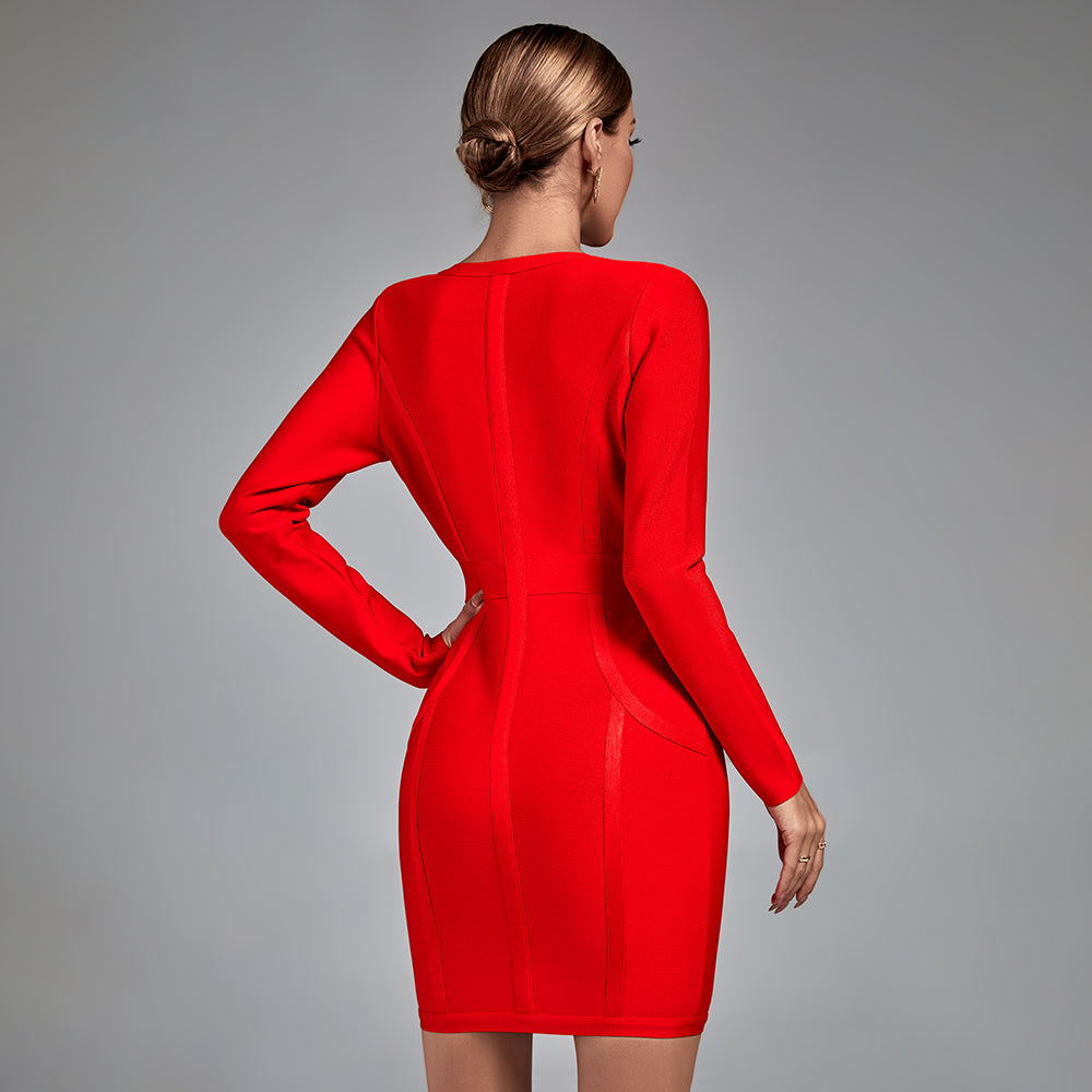 Long Sleeve Deep V Mini Bandage Dress