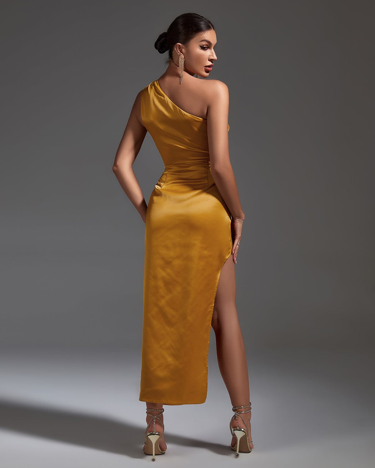 One Shoulder Satin Ruched Dress