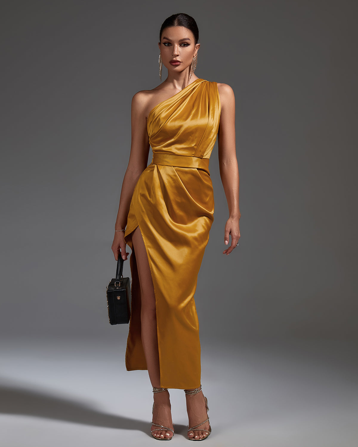 One Shoulder Satin Ruched Dress