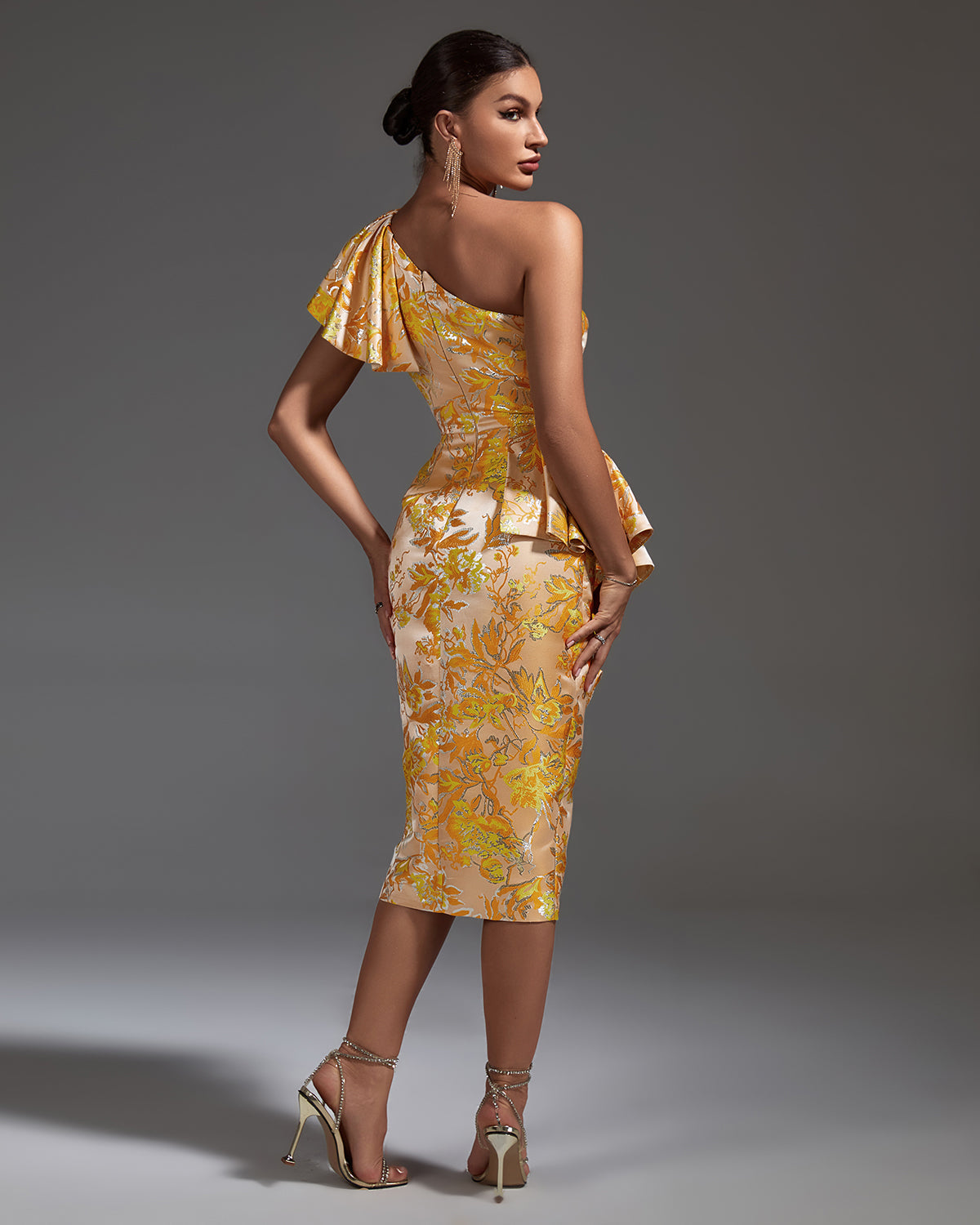 Slanted Shoulder Slit Midi Bodycon Dress