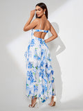 Blue Print Floral Vertical Ruffle Long Dress