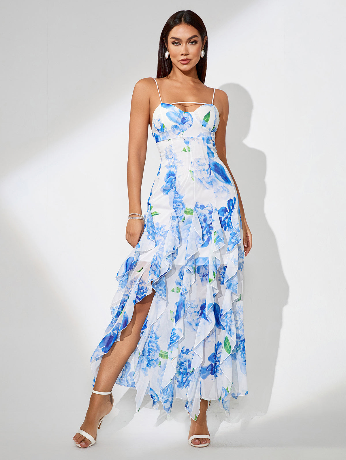 Blue Print Floral Vertical Ruffle Long Dress