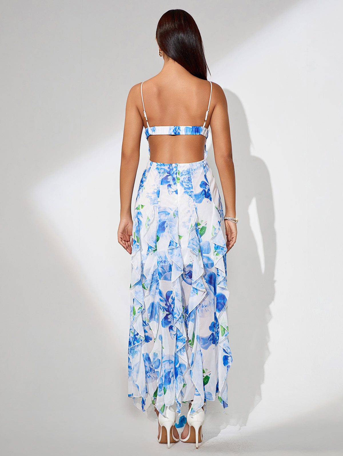 Blue Print Floral Vertical Ruffle Long Dress
