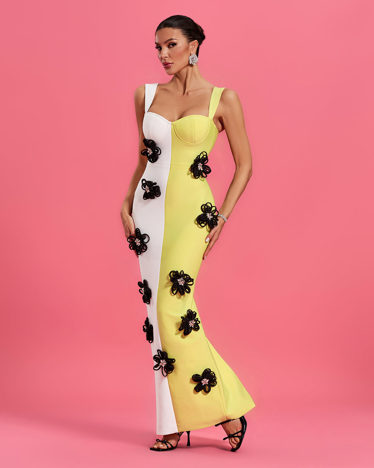 Floral Applique Colorblock Bandage Dress