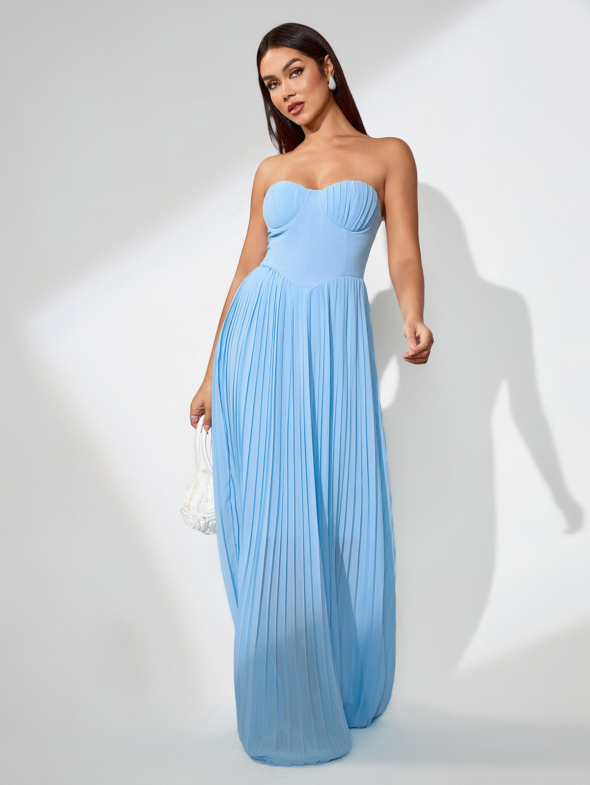 Ocean Blue Strapless Pleated Maxi Dress