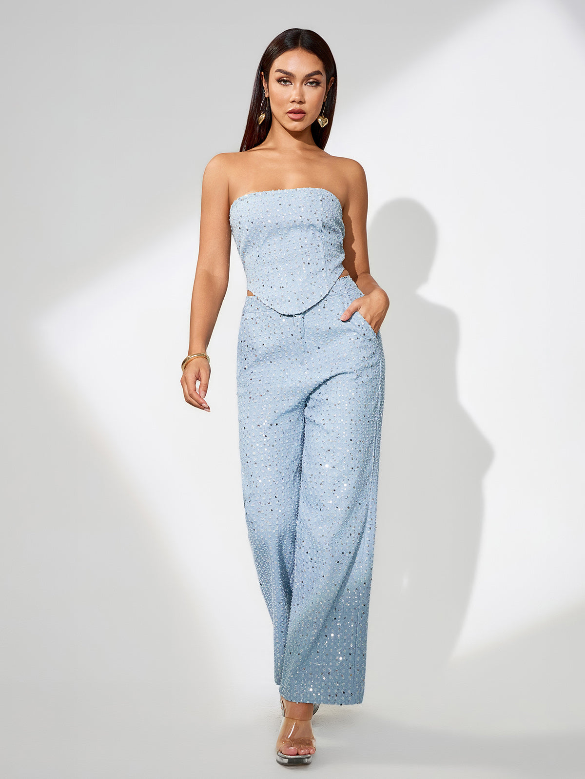 Sky-blue Sequin Two Piece Set