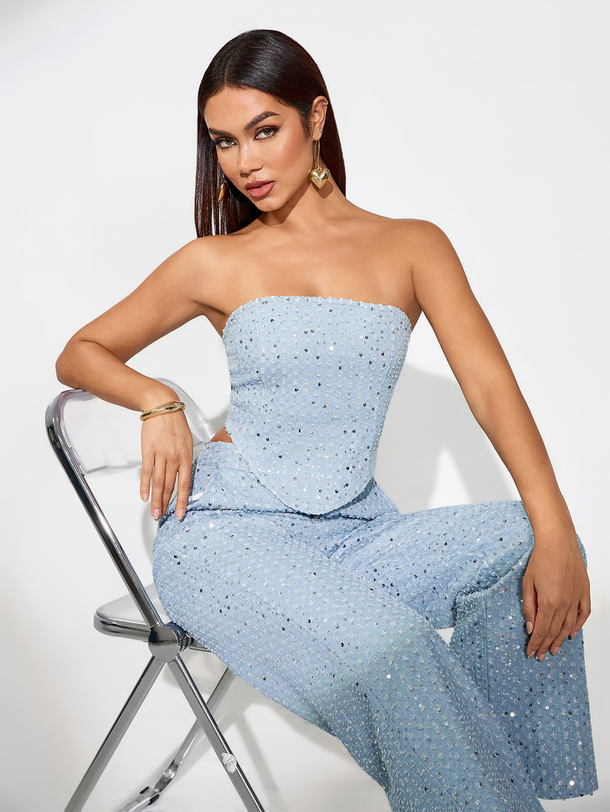 Sky-blue Sequin Two Piece Set