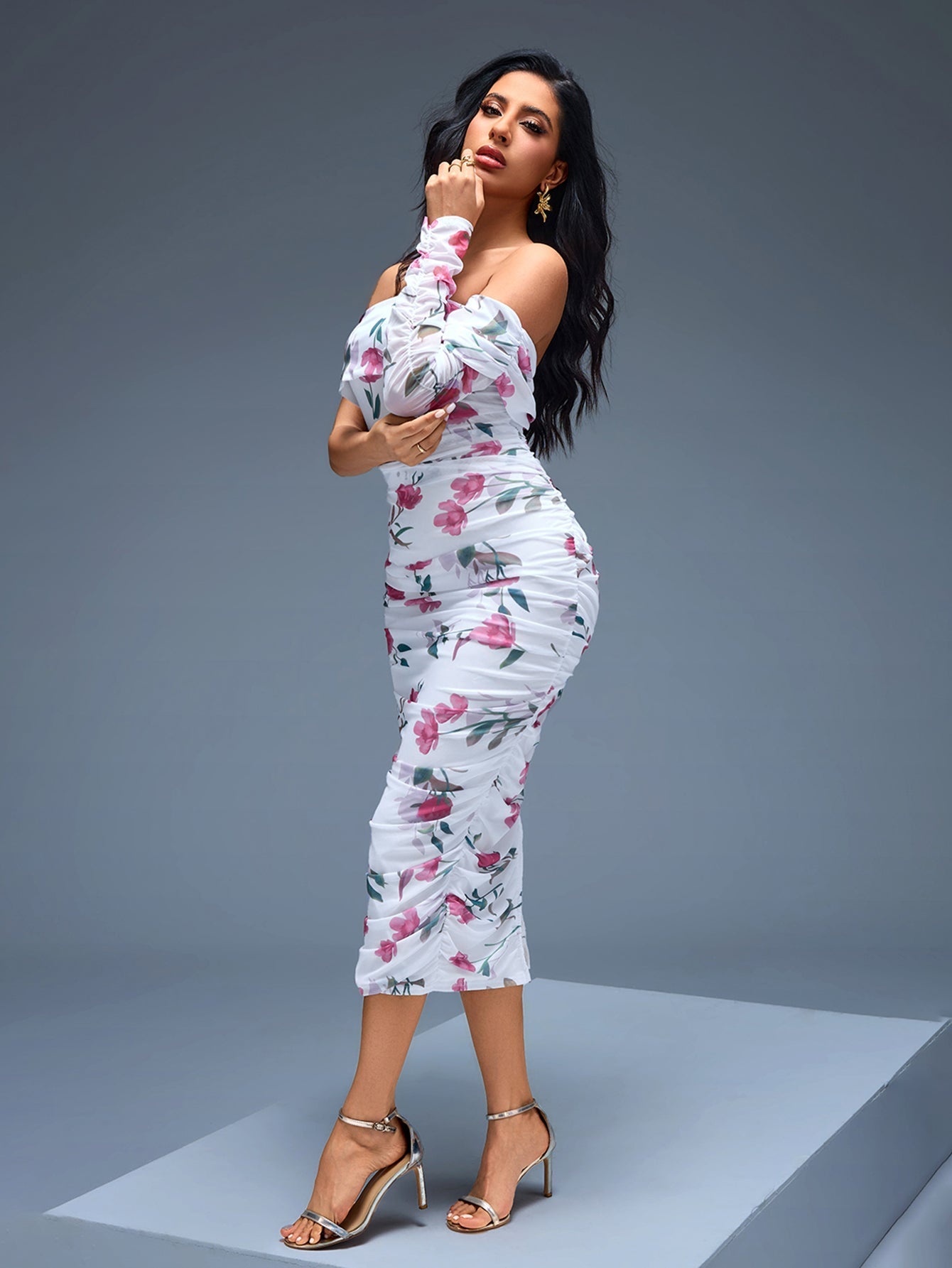One Shoulder Floral Ruched Midi Dress